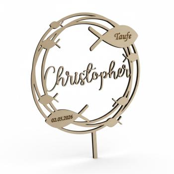 Runder Caketopper aus Birkenholz mit personalisiertem Namen, Anlass und Datum